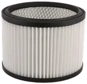 Cylindrisk støvsugerfilter med sorte gummikant, hvide plisserede sider og net, designet til våd/tør støvsugere. Holdbart og nemt at montere.