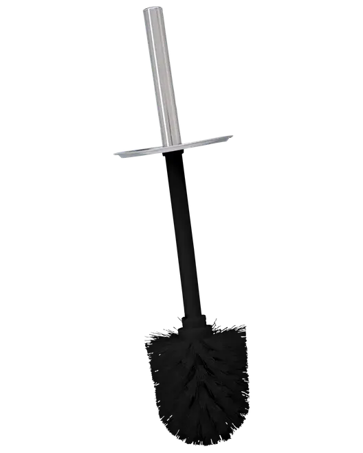 Toiletbørste med sort børstehoved, sort skaft og sølvfarvet metalgreb med rund stænkskærm for hygiejnisk rengøring og nem håndtering.