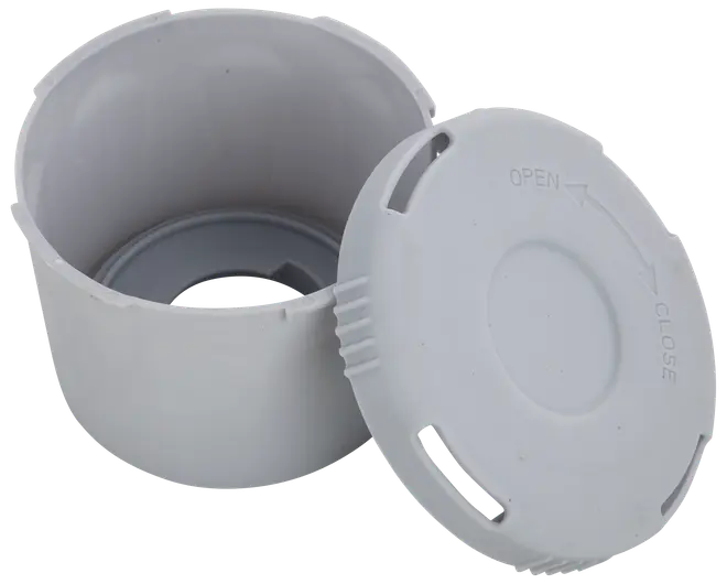Rund hvid plastbeholder med aftageligt låg, der har åbne- og lukke-pile. Velegnet til opbevaring, let og holdbar, med glat overflade og grebsvenlige sider.