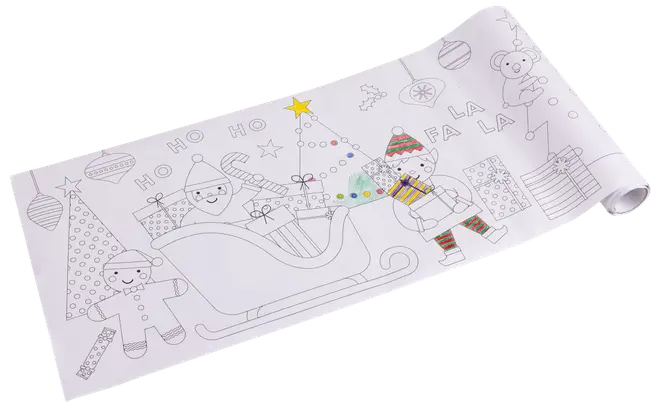 Stor julfärgrulle med tomte i släde, paket, julgran, björn med presenter, julkulor och text. Konturteckningar för färgläggning, passar barn.