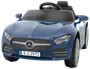 Blå elbil til børn, designet som en Mercedes-Benz, med realistisk frontgitter, forlygter, rat og detaljerede hjul. Velegnet til leg både inde og ude.