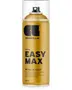 Spraydåse med metallisk guldmaling, 400 ml, satin finish. Høj vedhæftning, velegnet til udendørs brug, fløjlsagtig overflade, klarlak-kompatibel. Mærke: Cosmos Lac, Easy Max.