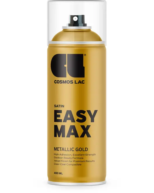 Spraydåse med metallisk guldmaling, 400 ml, satin finish. Høj vedhæftning, velegnet til udendørs brug, fløjlsagtig overflade, klarlak-kompatibel. Mærke: Cosmos Lac, Easy Max.
