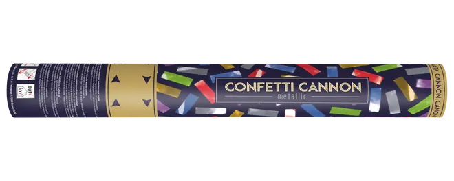 Metallisk konfettikanon i farverig tube med gulddetaljer. Udløser skinnende konfettistykker i flere farver. Nem at bruge, ideel til fester og begivenheder.