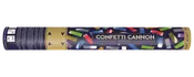 Metallisk konfettikanon i farverig tube med gulddetaljer. Udløser skinnende konfettistykker i flere farver. Nem at bruge, ideel til fester og begivenheder.