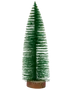 Miniatyr julgran av grön flaskborste, konisk formad och placerad på en rund träbas. Perfekt för juldekorationer eller modellandskap.