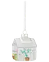Glasdrivhus ornament med hvidt tag, gennemsigtige vægge og malede potteplanter indeni. Sølv ophæng og bånd til nem ophængning på juletræet.