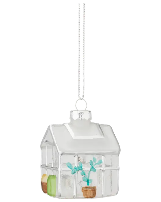 Glasdrivhus ornament med hvidt tag, gennemsigtige vægge og malede potteplanter indeni. Sølv ophæng og bånd til nem ophængning på juletræet.