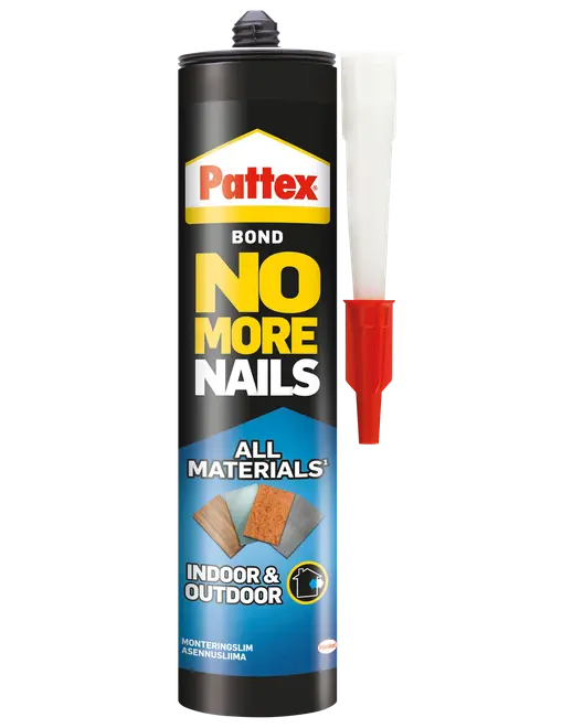 Pattex No More Nails limpatron, egnet til alle materialer, både indendørs og udendørs. Medfølgende dyse for nem påføring. Perfekt til byggeri og gør-det-selv projekter.