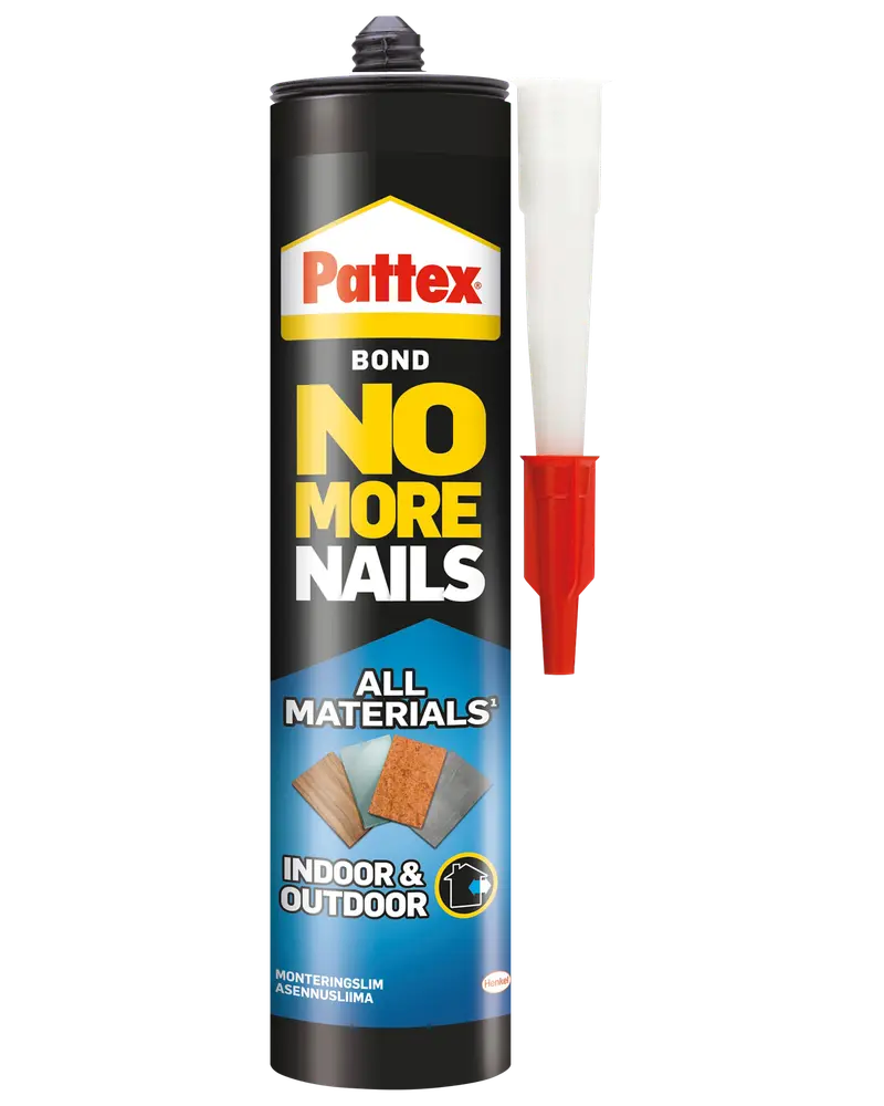 Pattex No More Nails limpatron, egnet til alle materialer, både indendørs og udendørs. Medfølgende dyse for nem påføring. Perfekt til byggeri og gør-det-selv projekter.