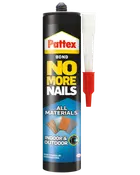 Pattex No More Nails limpatron, egnet til alle materialer, både indendørs og udendørs. Medfølgende dyse for nem påføring. Perfekt til byggeri og gør-det-selv projekter.