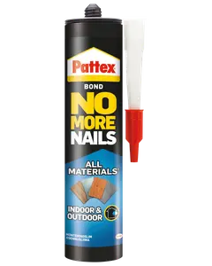 Pattex No More Nails limpatron, egnet til alle materialer, både indendørs og udendørs. Medfølgende dyse for nem påføring. Perfekt til byggeri og gør-det-selv projekter.