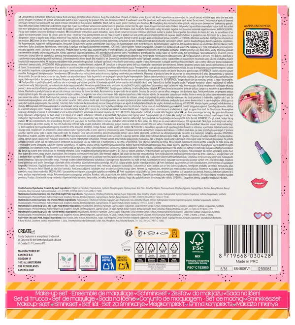 Makeupsæt til børn med forskellige kosmetikprodukter, vegansk og glutenfri, egnet til 3 år og opefter. Indeholder læbestift, øjenskygge og tilbehør. Farverig og informativ emballage.