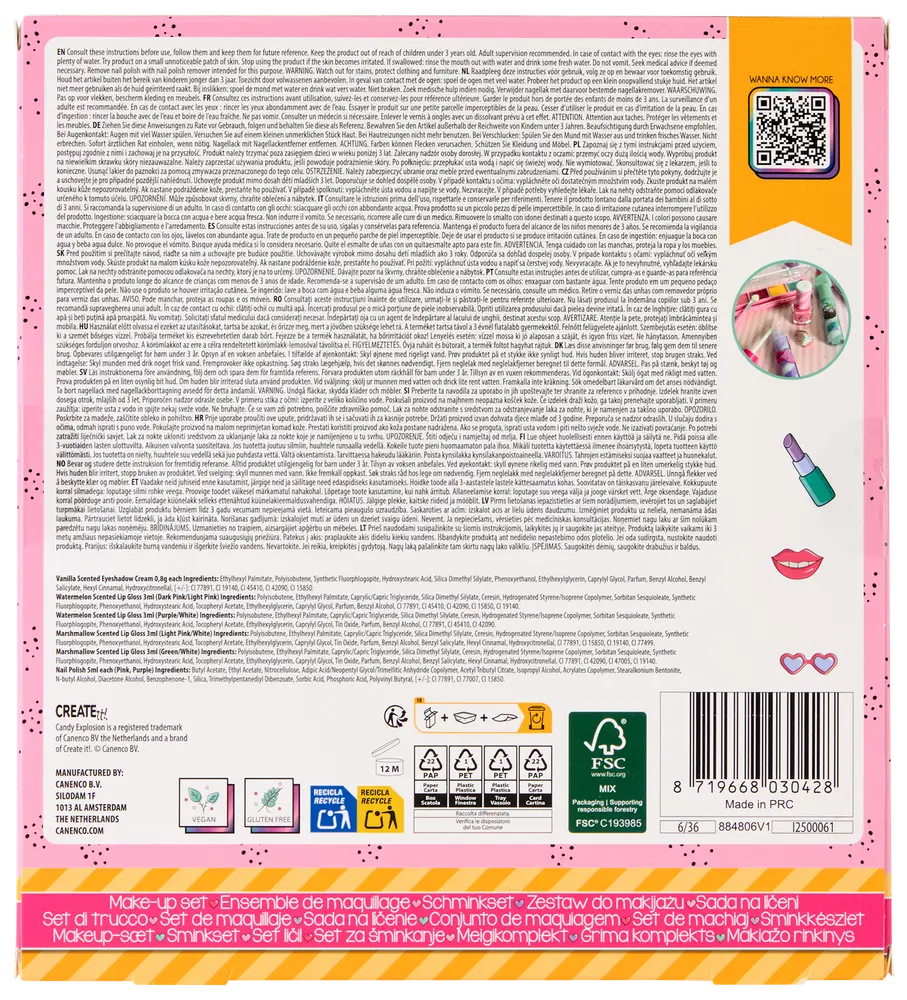Makeupsæt til børn med forskellige kosmetikprodukter, vegansk og glutenfri, egnet til 3 år og opefter. Indeholder læbestift, øjenskygge og tilbehør. Farverig og informativ emballage.