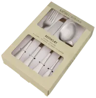16-delt bestiksæt i rustfrit stål med 4 gafler, 4 knive, 4 spiseskeer og 4 teskeer, pakket i beige æske med vinduer.