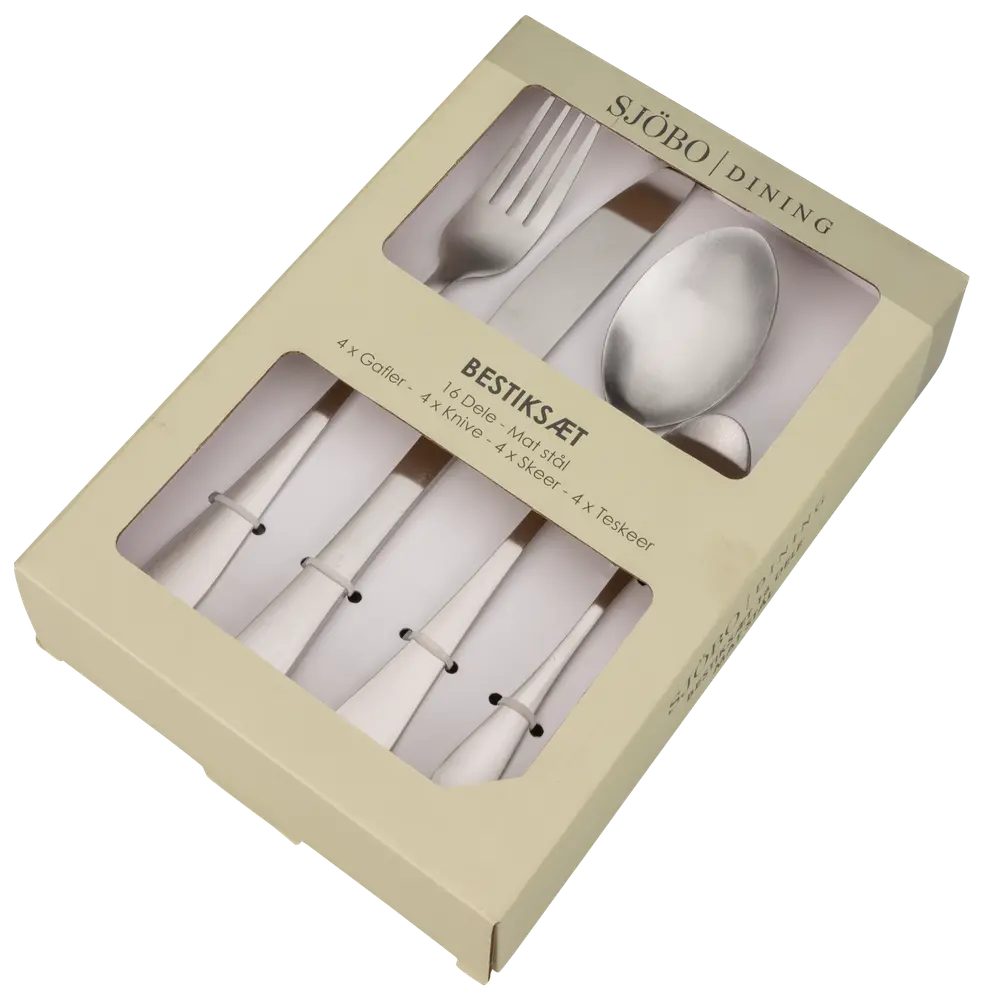 16-delt bestiksæt i rustfrit stål med 4 gafler, 4 knive, 4 spiseskeer og 4 teskeer, pakket i beige æske med vinduer.