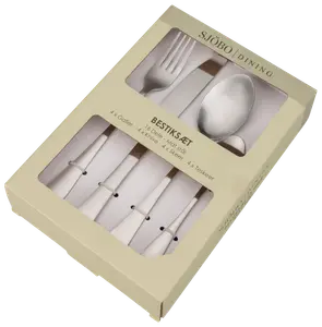 16-delt bestiksæt i rustfrit stål med 4 gafler, 4 knive, 4 spiseskeer og 4 teskeer, pakket i beige æske med vinduer.