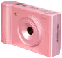 Kompakt digitalkamera i metallicrosa med texturerat grepp, enkel lins, blixt och knappar upptill. Modern, lätt design för vardagsfotografering och enkel transport.