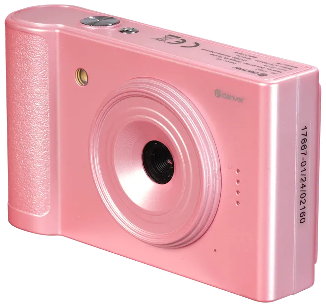 Kompakt digitalkamera i metallicrosa med texturerat grepp, enkel lins, blixt och knappar upptill. Modern, lätt design för vardagsfotografering och enkel transport.
