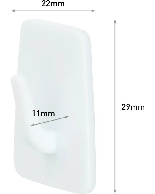 Liten vit självhäftande väggkrok i plast, rektangulär form, 29mm hög, 22mm bred, 11mm djup. Passar för lätt upphängning, slät yta.