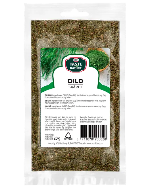 20g återförslutningsbar plastpåse med torkad, skuren dill. Transparent framsida visar grönt innehåll. Etikett med produktnamn, ingredienser och användningsinstruktioner på flera språk.