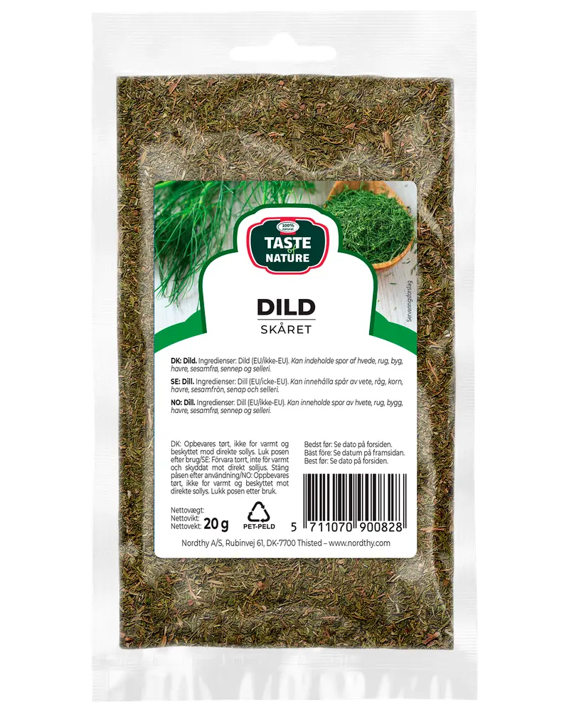 20g återförslutningsbar plastpåse med torkad, skuren dill. Transparent framsida visar grönt innehåll. Etikett med produktnamn, ingredienser och användningsinstruktioner på flera språk.