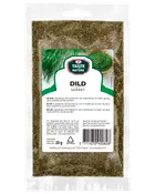 20g återförslutningsbar plastpåse med torkad, skuren dill. Transparent framsida visar grönt innehåll. Etikett med produktnamn, ingredienser och användningsinstruktioner på flera språk.