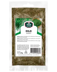 20g återförslutningsbar plastpåse med torkad, skuren dill. Transparent framsida visar grönt innehåll. Etikett med produktnamn, ingredienser och användningsinstruktioner på flera språk.