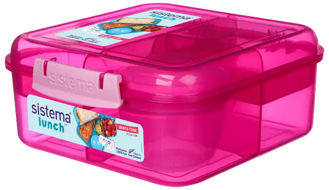 Pink plastik madkasse med sikker kliklås, opdelte rum til mad, og gennemsigtigt låg. Perfekt til bento-måltider, genanvendelig og BPA-fri. Kompakt og holdbar.