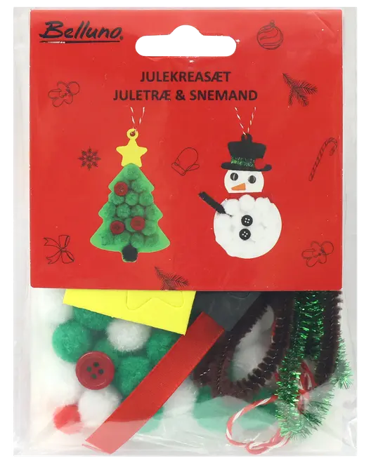 Julpysselset med material för gran och snögubbe. Innehåller pompoms, knappar, band, piprensare och filt. Perfekt för festliga DIY-dekorationer.