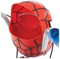 Röd cykelkorg med Spiderman-tema och svart nätmönster, monterad på styret. Korgen har ett lock för säker förvaring av småsaker under cykelturen.