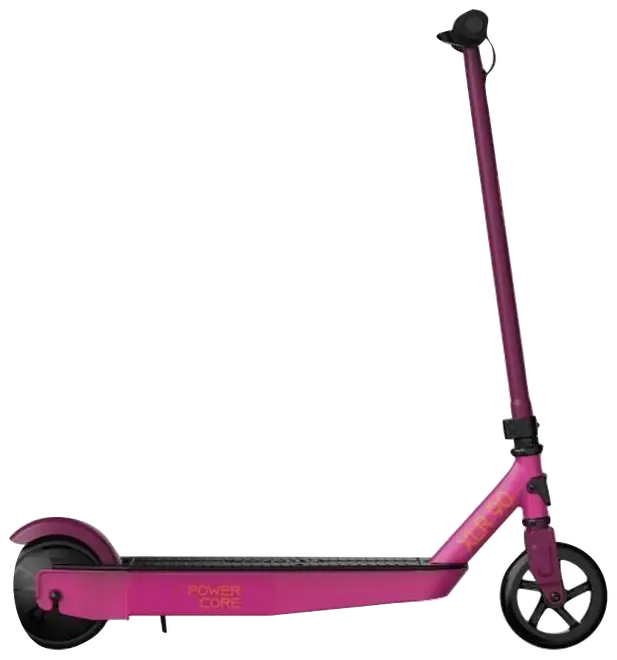 Elektrisk løbehjul med pink stel, sorte håndtag og to sorte hjul. Lavt dæk, bagmotor og "Power Core" mærkning på siden. Velegnet til børn eller teenagere.