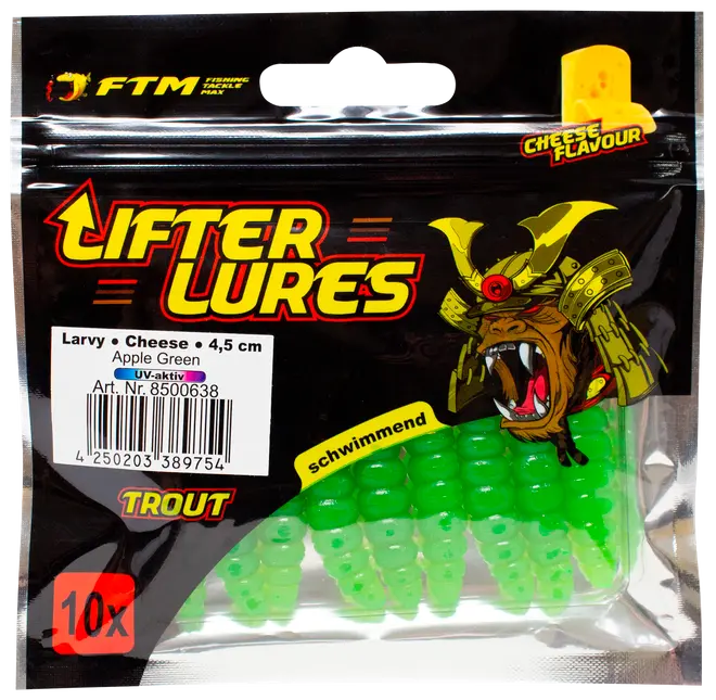 Förpackning med 10 äppelgröna, 4,5 cm flytande fiskedrag med ostsmak, UV-aktiva, larvformade mjukbeten, särskilt för öringfiske.