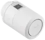 Hvid elektronisk radiator-termostat med digitalt display, cylindrisk form og Danfoss-logo på fronten. Bruges til præcis temperaturstyring i hjemmets varmesystemer.