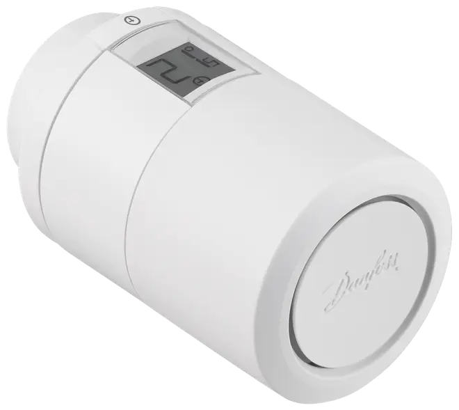Hvid elektronisk radiator-termostat med digitalt display, cylindrisk form og Danfoss-logo på fronten. Bruges til præcis temperaturstyring i hjemmets varmesystemer.