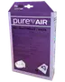 Förpackning med Pure Air dammsugarpåsar, kompatibla med AEG, Electrolux och Volta modeller. Innehåller 4 påsar och 1 filter. Lila förpackning med produktinformation.