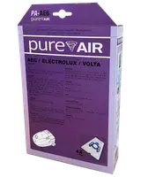 Förpackning med Pure Air dammsugarpåsar, kompatibla med AEG, Electrolux och Volta modeller. Innehåller 4 påsar och 1 filter. Lila förpackning med produktinformation.