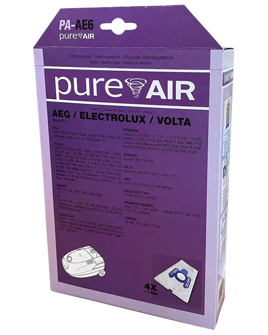 Förpackning med Pure Air dammsugarpåsar, kompatibla med AEG, Electrolux och Volta modeller. Innehåller 4 påsar och 1 filter. Lila förpackning med produktinformation.