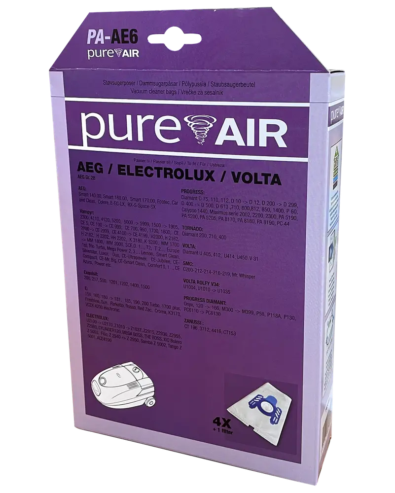 Förpackning med Pure Air dammsugarpåsar, kompatibla med AEG, Electrolux och Volta modeller. Innehåller 4 påsar och 1 filter. Lila förpackning med produktinformation.