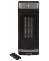 Svart tornformad keramisk värmare med digital temperaturdisplay, nätfront och knappar upptill. Levereras med fjärrkontroll. Märket 'Heatmax' på basen.