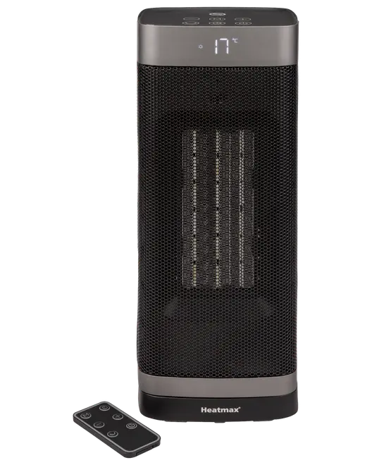 Sort tårn-keramisk varmeapparat med digital temperaturvisning, netfront og kontrolknapper øverst. Leveres med fjernbetjening. Mærket 'Heatmax' på basen.
