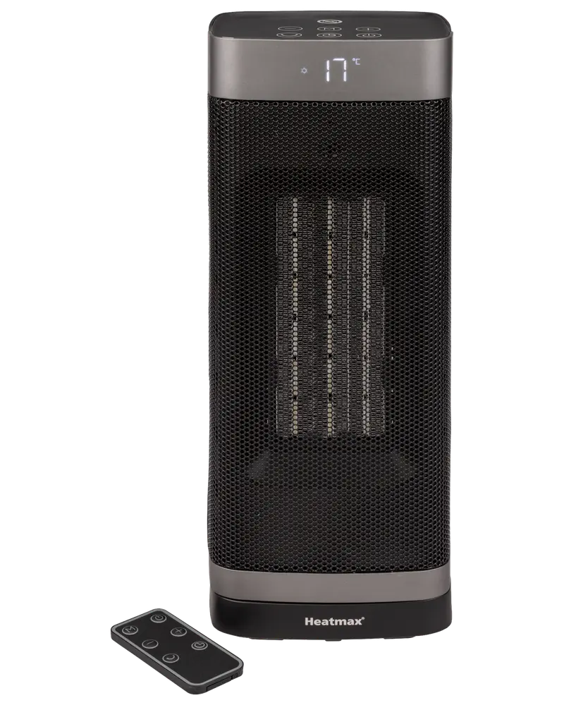 Svart tornformad keramisk värmare med digital temperaturdisplay, nätfront och knappar upptill. Levereras med fjärrkontroll. Märket 'Heatmax' på basen.
