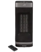 Svart tornformad keramisk värmare med digital temperaturdisplay, nätfront och knappar upptill. Levereras med fjärrkontroll. Märket 'Heatmax' på basen.