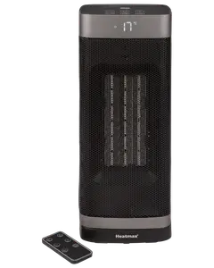 Svart tornformad keramisk värmare med digital temperaturdisplay, nätfront och knappar upptill. Levereras med fjärrkontroll. Märket 'Heatmax' på basen.