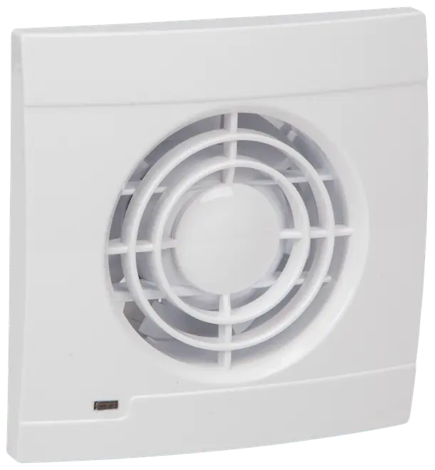 Vit, fyrkantig badrumsfläkt med cirkulärt galler, modern design, väggmonterad i plast. Passar för ventilation i badrum eller små rum. Inga synliga reglage.