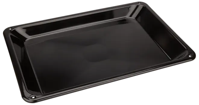 Rektangulær sort metal bageplade med forhøjede kanter, glat non-stick overflade, egnet til ovnbrug. Perfekt til bagning, stegning og grillning. Holdbar og nem at rengøre.