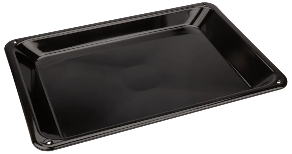 Rektangulär svart bakplåt i metall med upphöjda kanter, slät non-stick-yta, passar för ugn. Perfekt för bakning, rostning och grillning. Hållbar och lätt att rengöra.