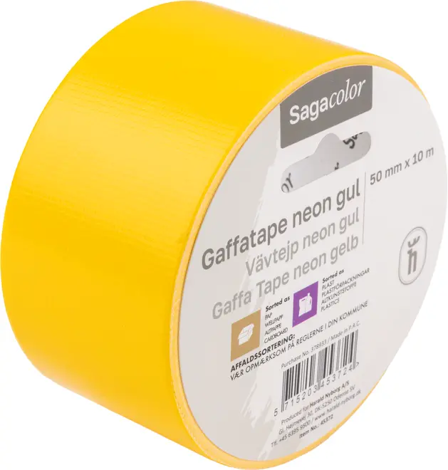 Rulle neon-gul gaffatejp, 50 mm bred och 10 meter lång, med texturerad yta. Passar för märkning, tätning och allmänt bruk. Märke: Sagacolor.