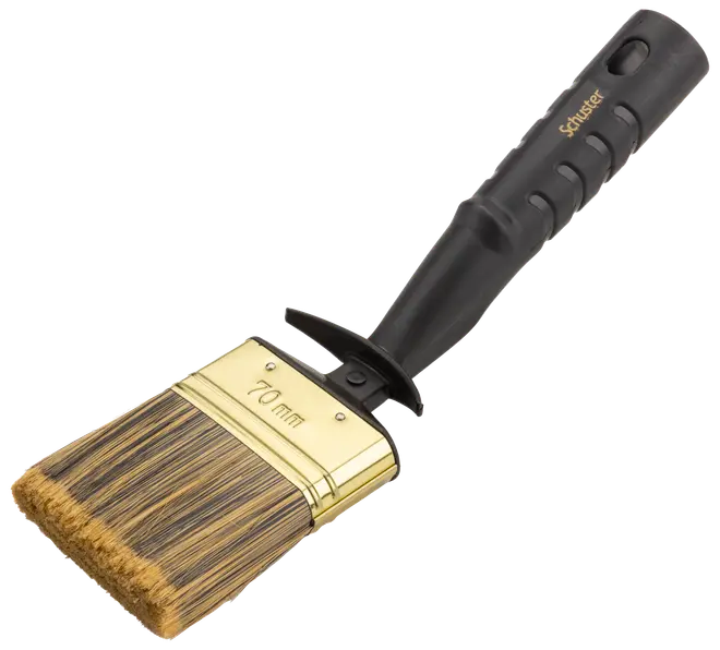 Flad pensel med 70 mm brede børster, guldfarvet metalbånd og sort ergonomisk plastgreb med riller og ophængshul. Velegnet til maling af store flader.