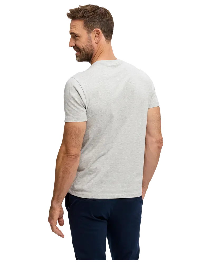 Herr-t-shirt i ljusgrått med korta ärmar, klassisk passform och rund halsringning. Slät baksida utan tryck. Mjuk, lätt kvalitet. Modellen visas bakifrån, ansikte ej synligt.